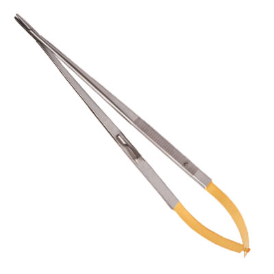DeBakey vascular needle holder, 10'',straight, serrated TC jaws, gold ring  handle